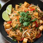 A colorful plate of High Protein Tofu Pad Thai topped with peanuts and lime wedges.