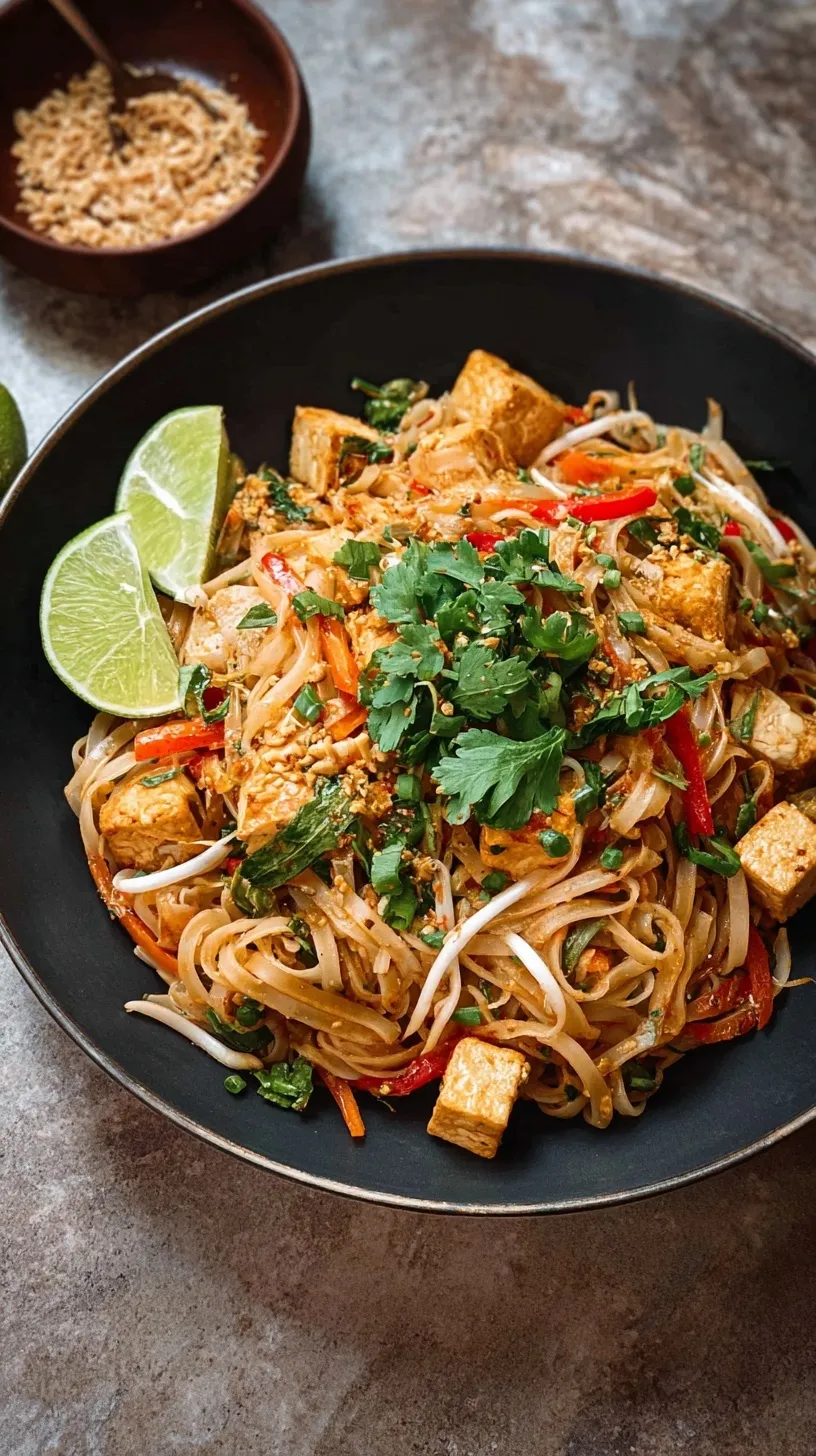 A colorful plate of High Protein Tofu Pad Thai topped with peanuts and lime wedges.
