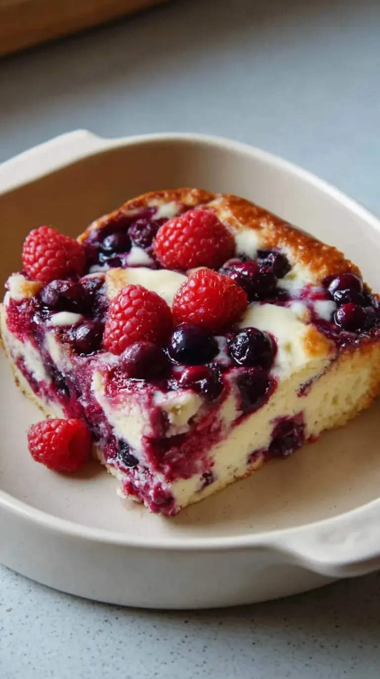 A golden brown baked oatmeal dish filled with blueberries, raspberries, and blackberries in a white baking dish.