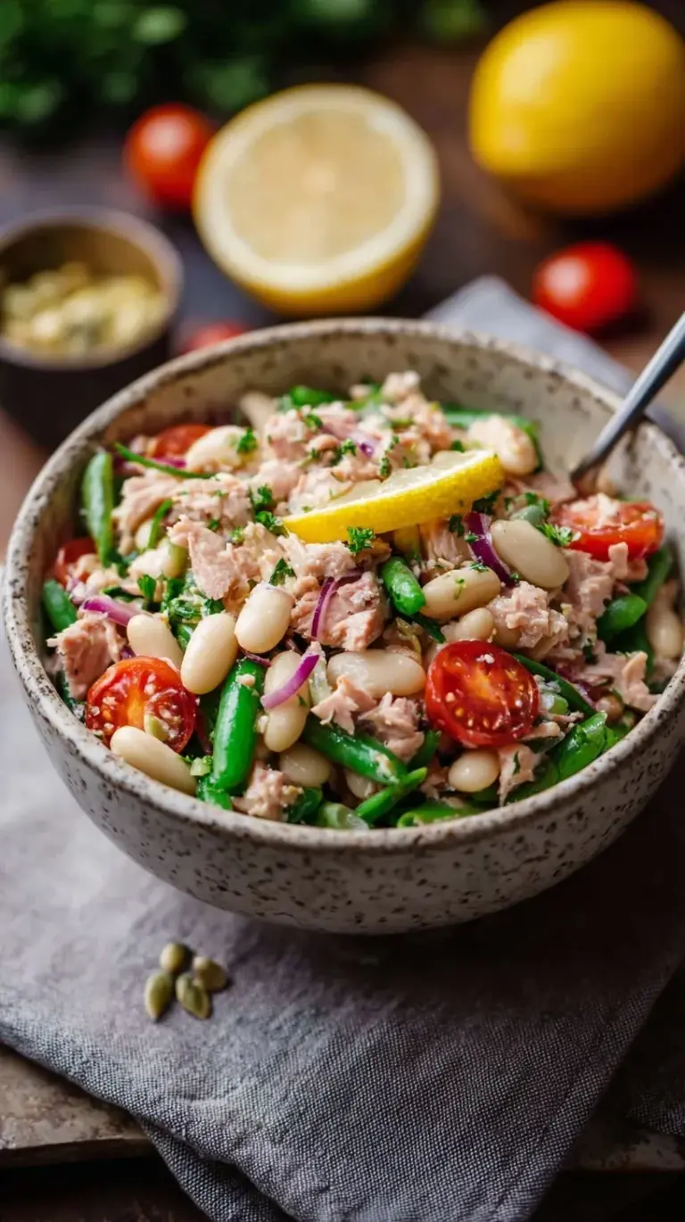 A bowl of high-protein tuna salad with white beans, cucumber, and fresh parsley