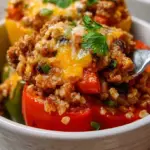 A large skillet filled with high protein unstuffed peppers, ground beef, rice, and melted mozzarella cheese.