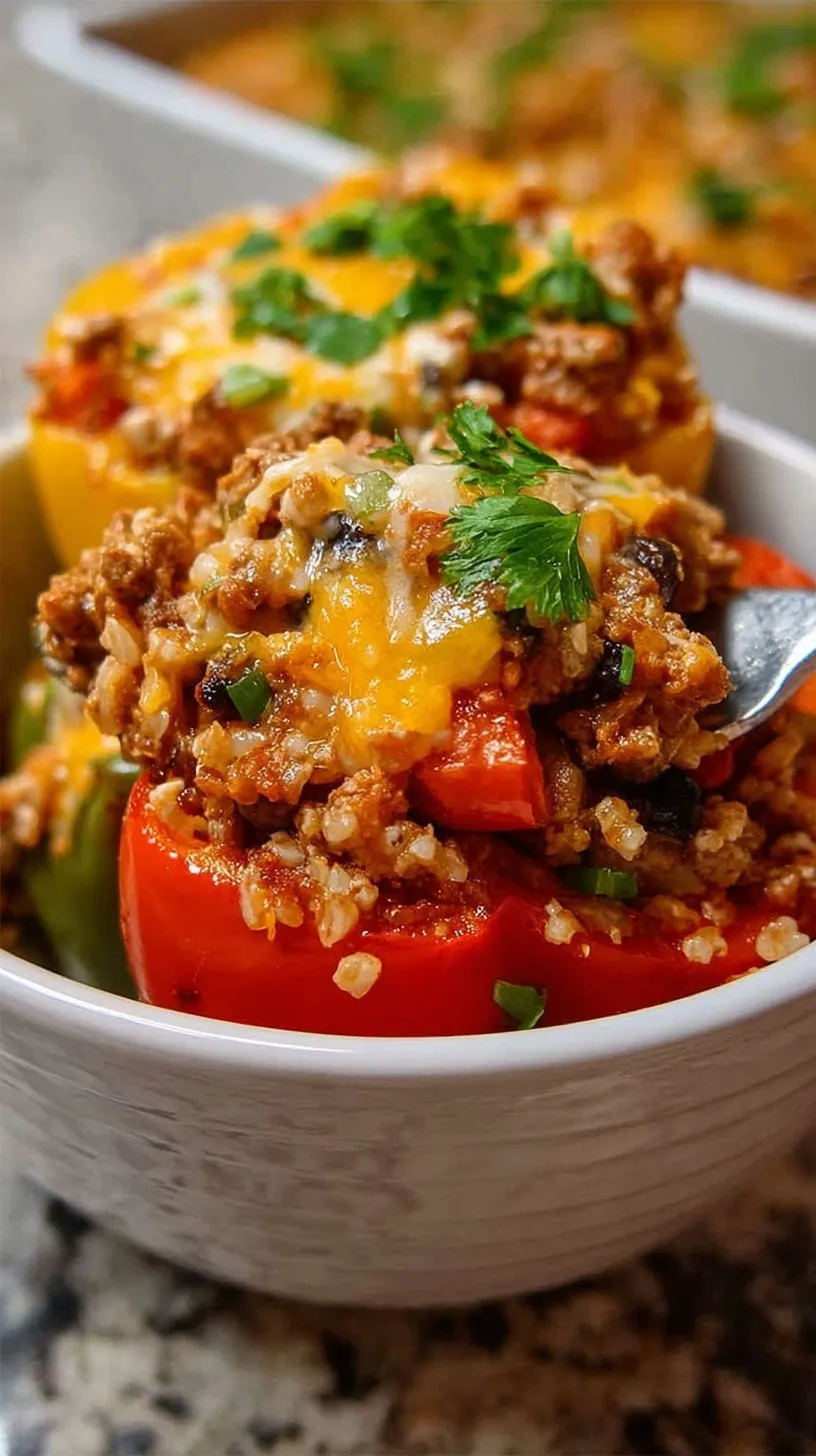 A large skillet filled with high protein unstuffed peppers, ground beef, rice, and melted mozzarella cheese.