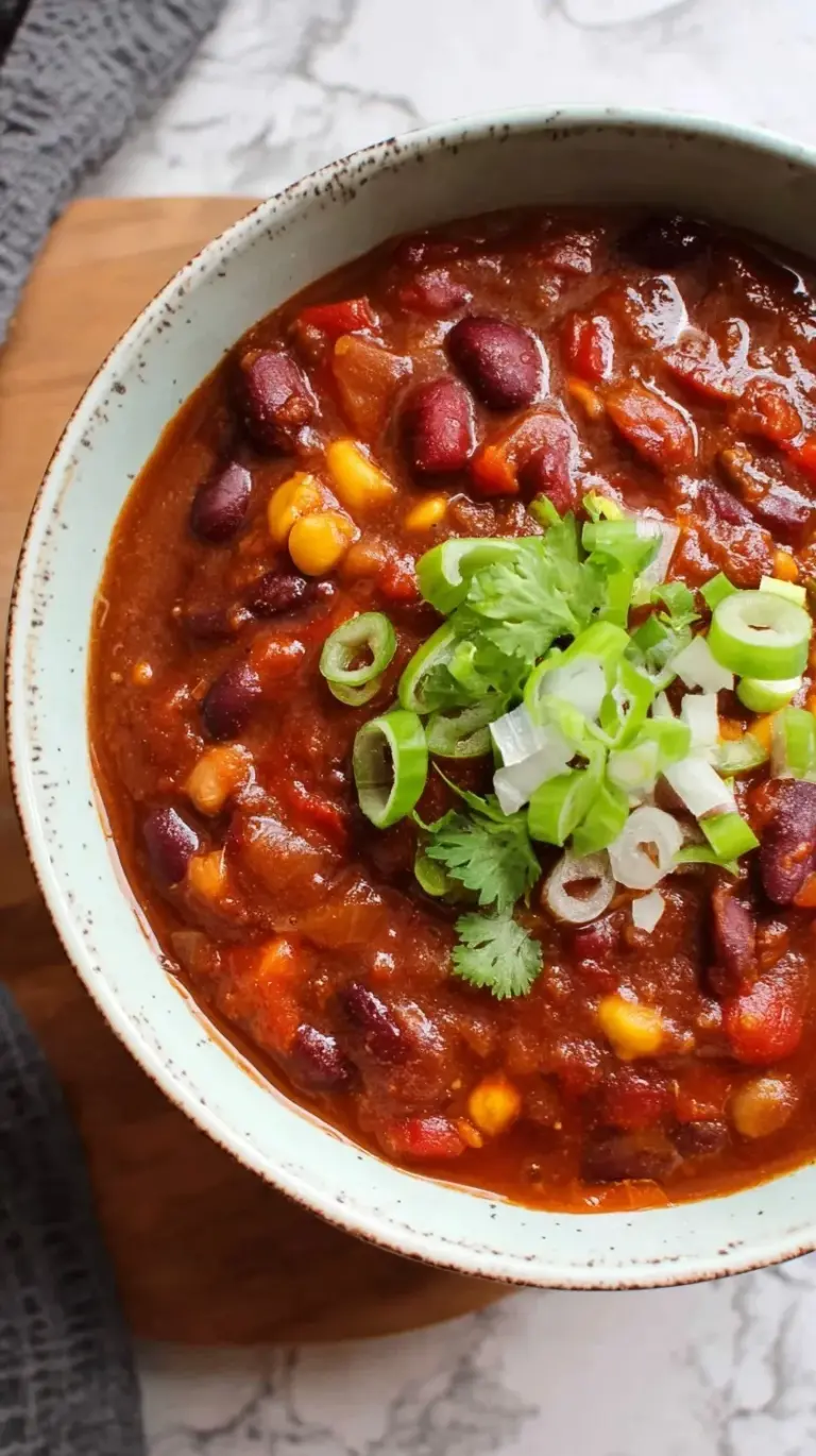 A steaming bowl of thick three bean vegetarian chili topped with fresh herbs