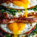 High protein vegetarian breakfast sandwiches on whole wheat muffins with eggs and spinach