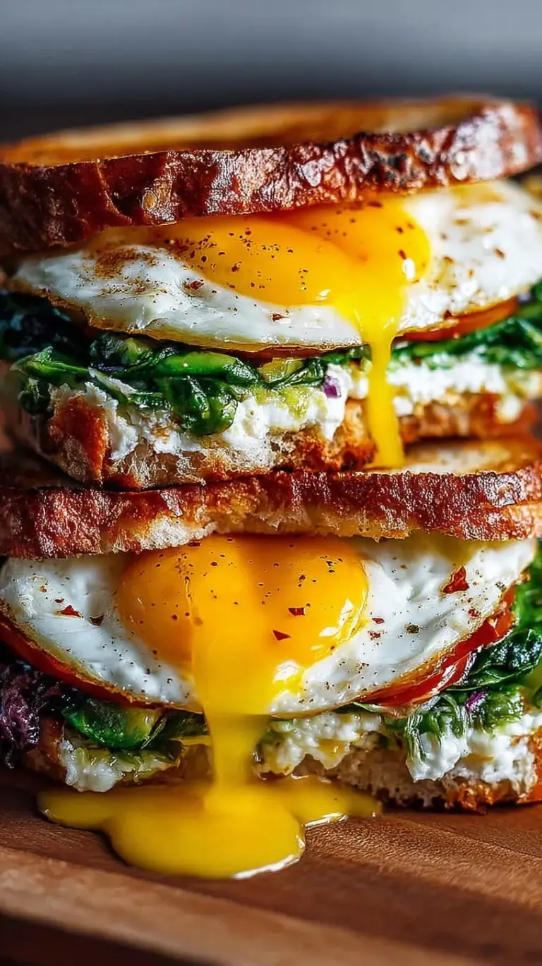 High protein vegetarian breakfast sandwiches on whole wheat muffins with eggs and spinach