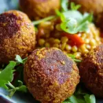 Golden brown vegetarian lentil meatballs on a baking sheet with herbs