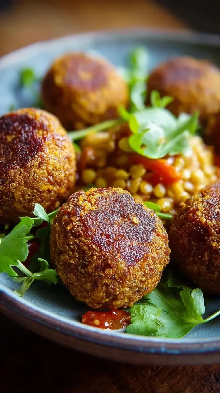 Golden brown vegetarian lentil meatballs on a baking sheet with herbs