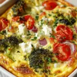 A golden brown high protein veggie bake in a ceramic dish with melted mozzarella cheese on top.