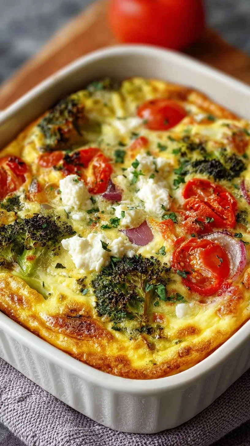 A golden brown high protein veggie bake in a ceramic dish with melted mozzarella cheese on top.