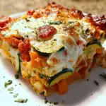 A golden, bubbly high protein veggie lasagna in a glass baking dish with fresh herbs on top.