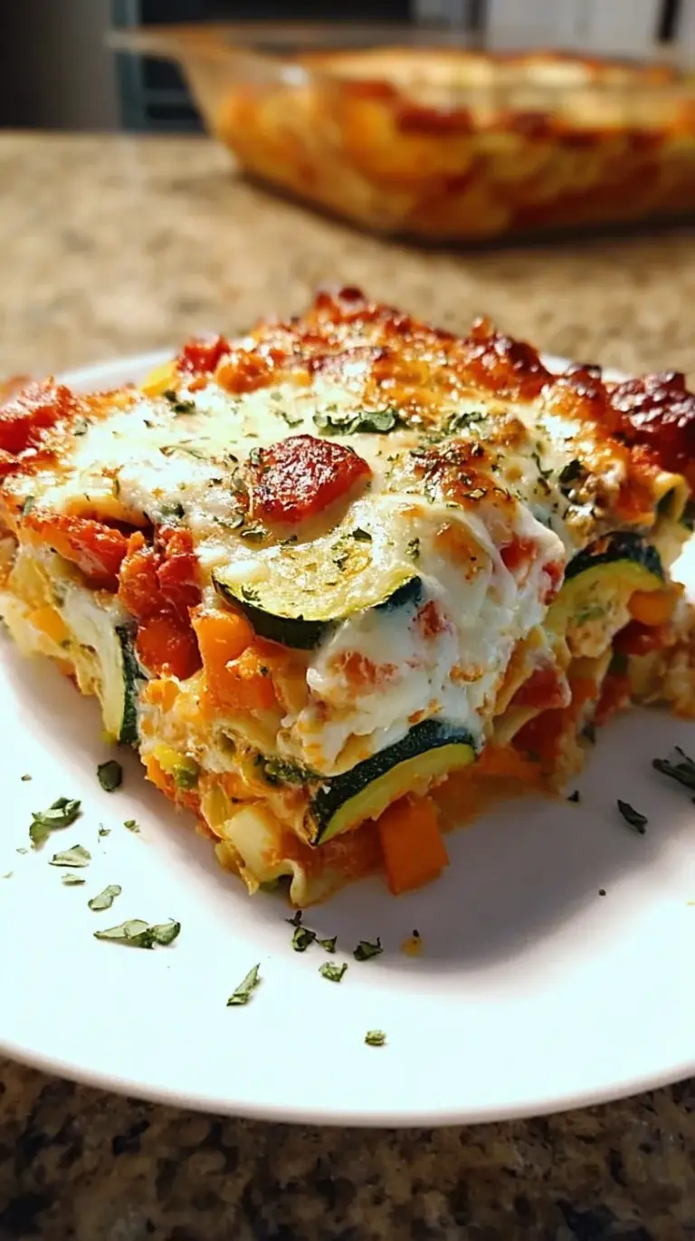 A golden, bubbly high protein veggie lasagna in a glass baking dish with fresh herbs on top.