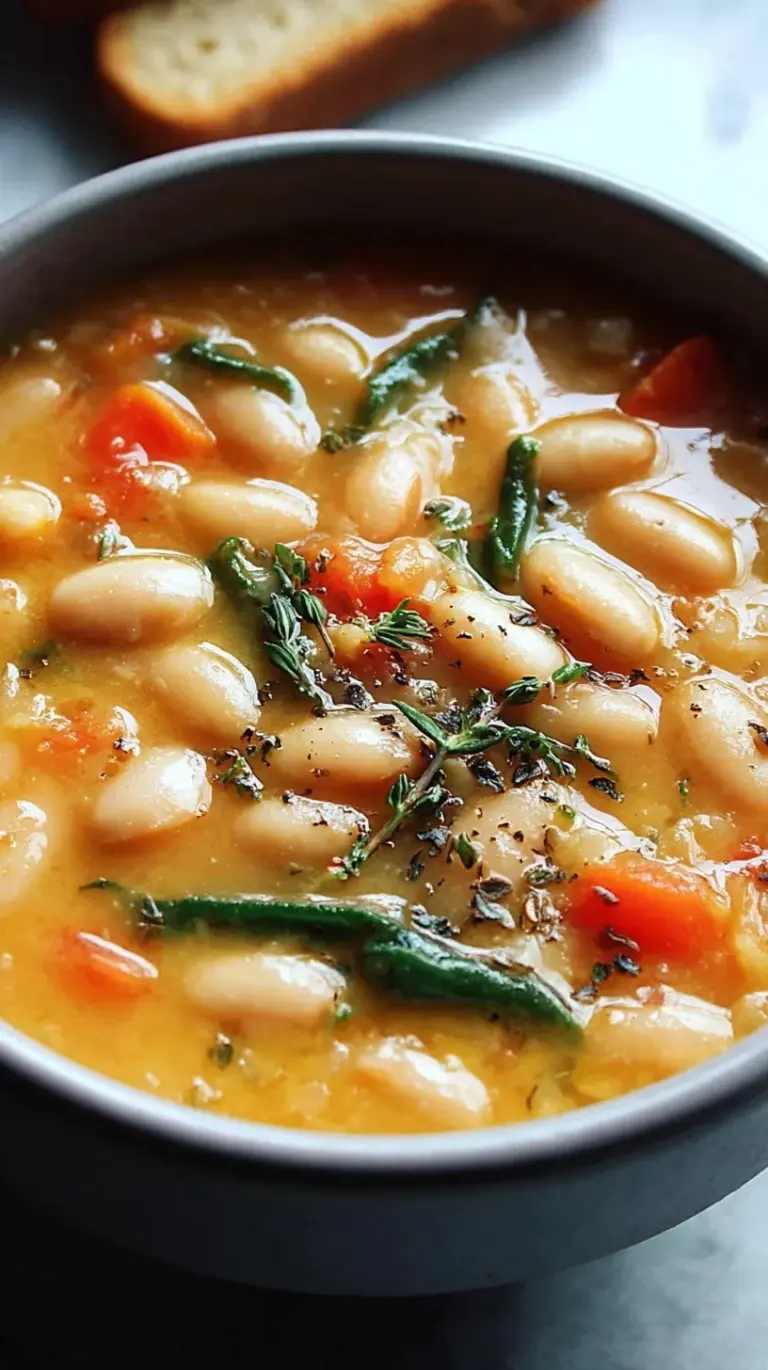 A steaming bowl of creamy white bean soup with shredded chicken and fresh herbs