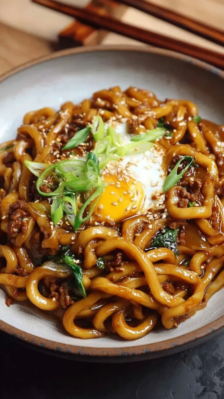 A bowl of steaming High Protein Yaki Udon with golden chicken and thick noodles