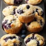 A stack of golden brown blueberry protein muffins on a cooling rack with fresh berries nearby.