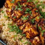 A close up shot of glazed honey bbq chicken over a bed of fluffy white rice with green onion garnish.