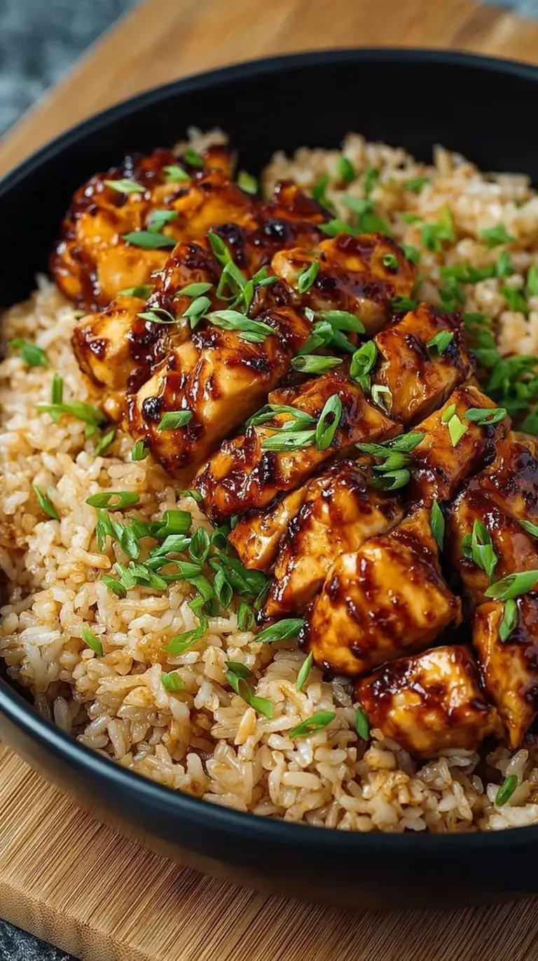 A close up shot of glazed honey bbq chicken over a bed of fluffy white rice with green onion garnish.