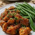 A skillet filled with glazed honey garlic chicken cubes and bright green beans
