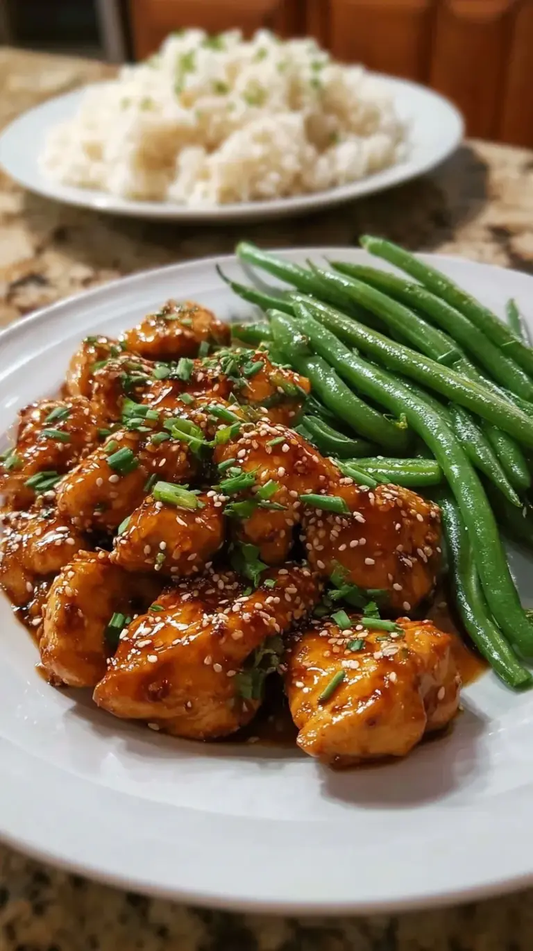 A skillet filled with glazed honey garlic chicken cubes and bright green beans
