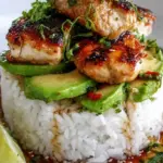 A beautiful layered stack of cilantro rice, mashed avocado, and glazed honey lime chicken on a white plate.