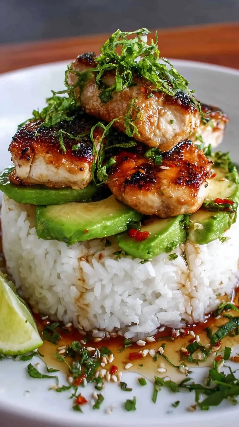 A beautiful layered stack of cilantro rice, mashed avocado, and glazed honey lime chicken on a white plate.