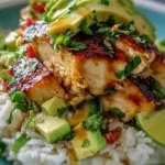 A vibrant honey lime chicken bowl with rice, sliced avocado, and fresh cilantro garnish.
