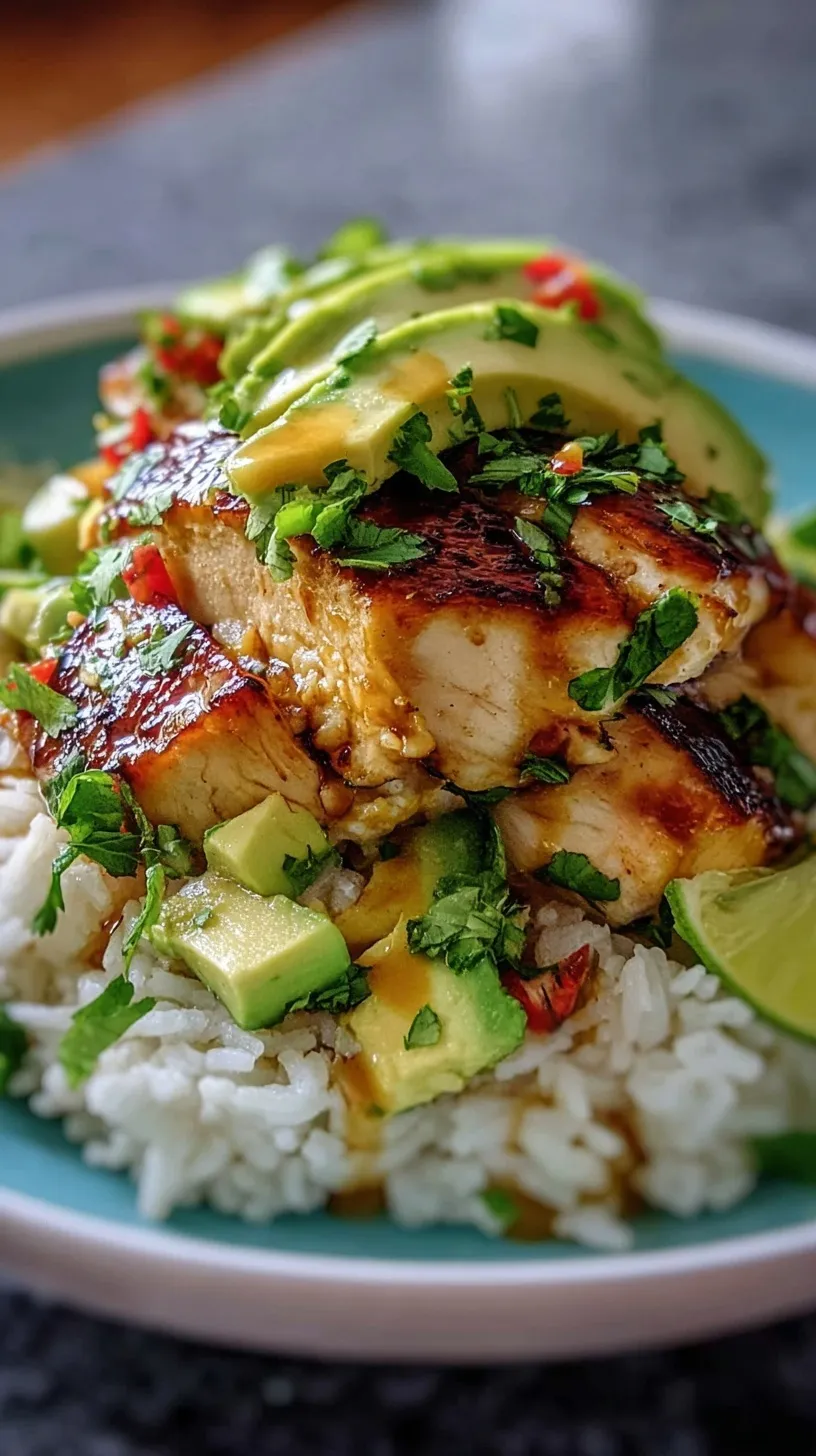 A vibrant honey lime chicken bowl with rice, sliced avocado, and fresh cilantro garnish.
