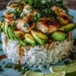 A beautiful layered stack of jasmine rice, diced avocado, and honey lime glazed chicken on a white plate.