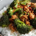 A skillet filled with glazed ground chicken and bright green broccoli florets topped with sesame seeds