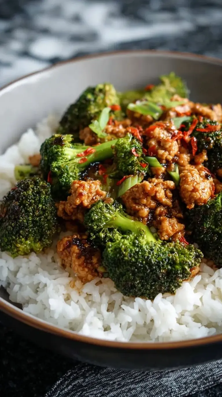 A skillet filled with glazed ground chicken and bright green broccoli florets topped with sesame seeds