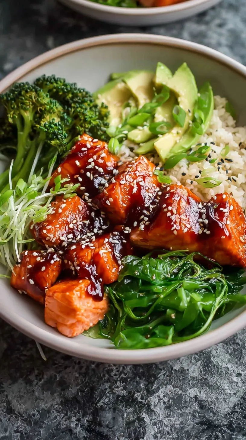 A vibrant bowl with glazed salmon, jasmine rice, sliced avocado, and fresh cucumber.