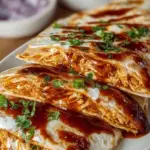 Golden brown toasted quesadilla sliced into wedges showing melted cheese and BBQ chicken