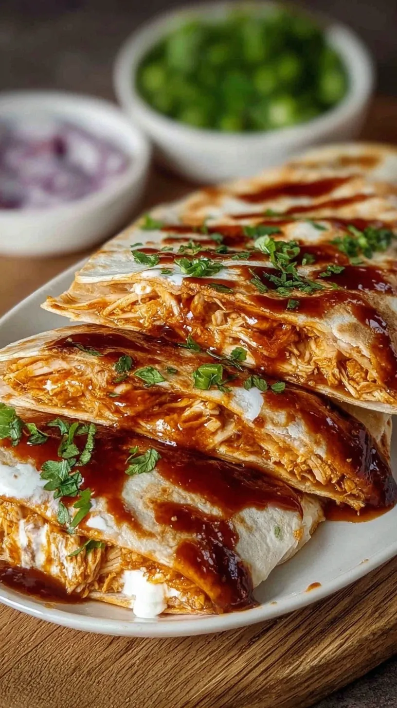 Golden brown toasted quesadilla sliced into wedges showing melted cheese and BBQ chicken