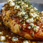 Pan-seared chicken breast glazed with hot honey and topped with crumbled feta and parsley in a skillet.