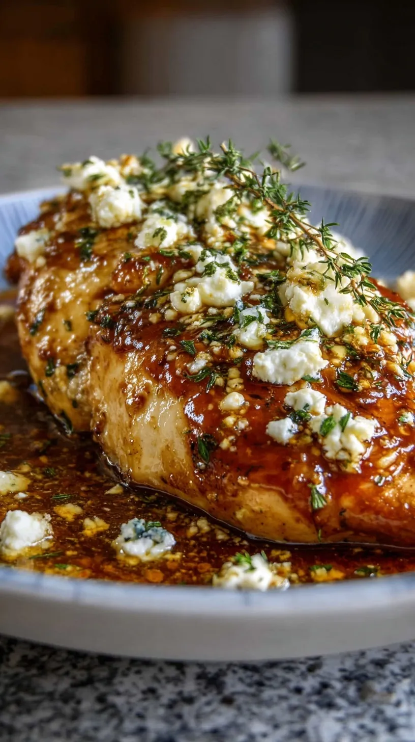 Pan-seared chicken breast glazed with hot honey and topped with crumbled feta and parsley in a skillet.
