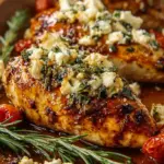 Pan-seared chicken breasts topped with melted feta cheese and a spicy honey glaze in a skillet.