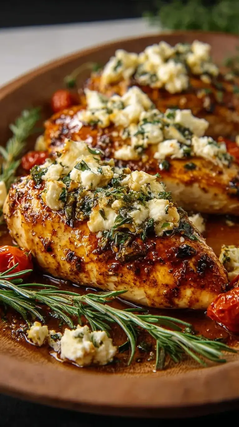 Pan-seared chicken breasts topped with melted feta cheese and a spicy honey glaze in a skillet.