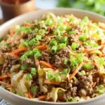 A steaming skillet of ground pork and shredded cabbage egg roll in a bowl garnished with green onions and sesame seeds.