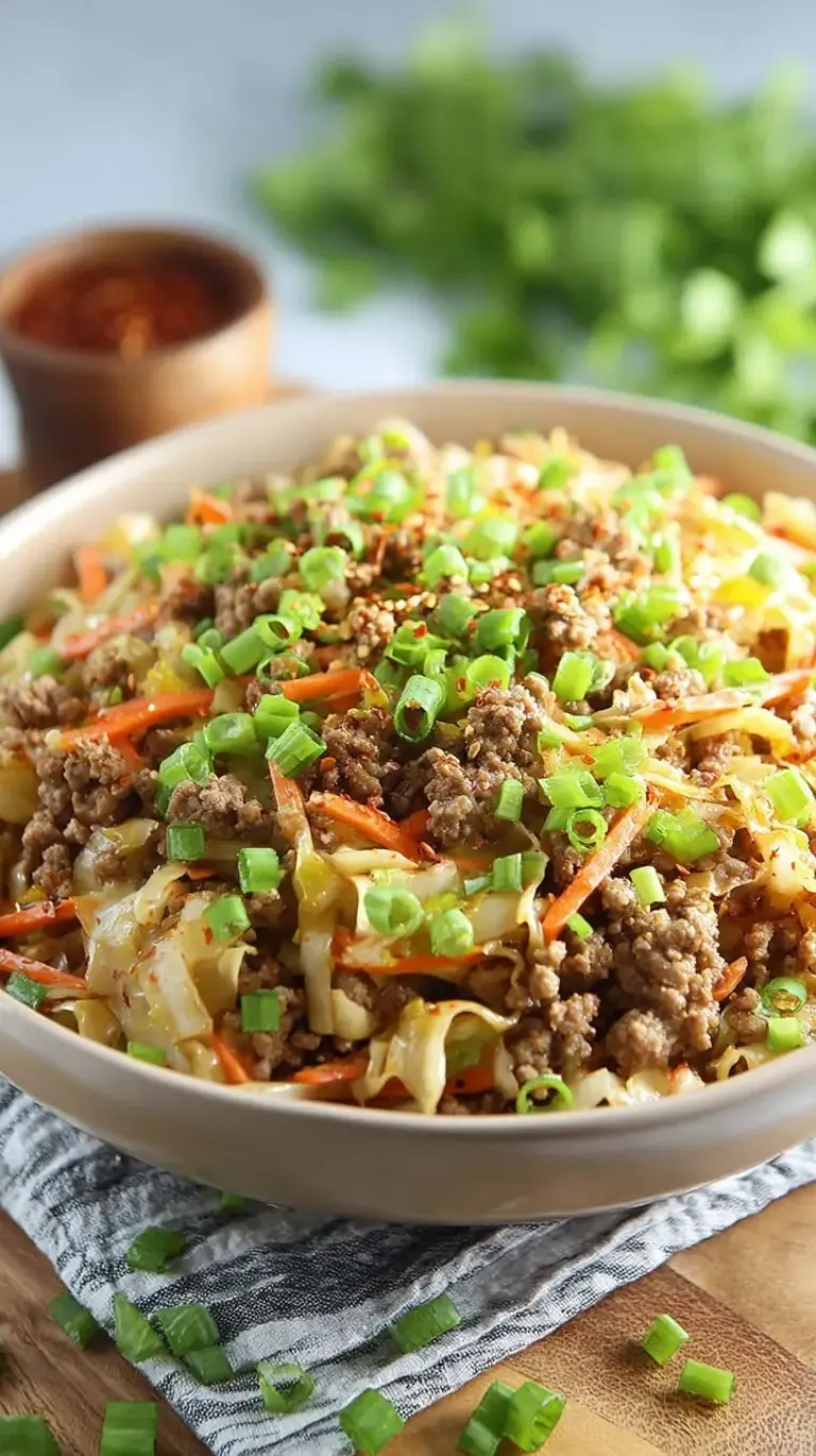 A steaming skillet of ground pork and shredded cabbage egg roll in a bowl garnished with green onions and sesame seeds.