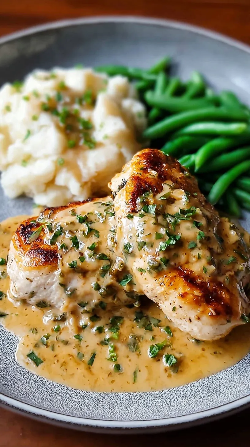 Golden pan-seared chicken breasts smothered in a creamy white Boursin cheese sauce with fresh parsley