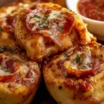 Golden brown high protein pizza rolls with melted cheese and turkey pepperoni on a baking sheet.