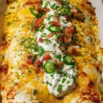 A baking dish filled with cheesy green chicken enchiladas topped with melted cheddar, crumbled bacon, and fresh cilantro.