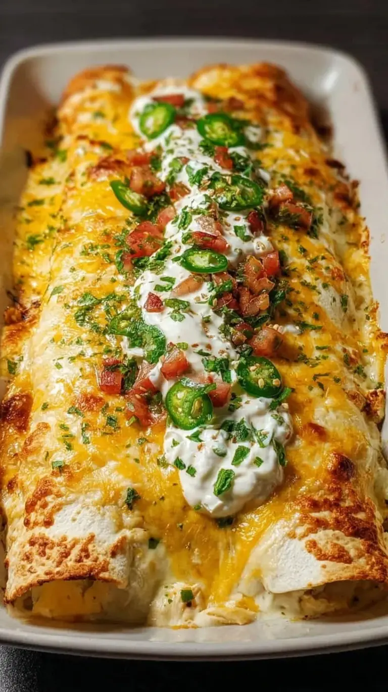 A baking dish filled with cheesy green chicken enchiladas topped with melted cheddar, crumbled bacon, and fresh cilantro.