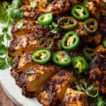 Golden seared chicken cubes with sliced green jalapenos in a skillet with lime juice.