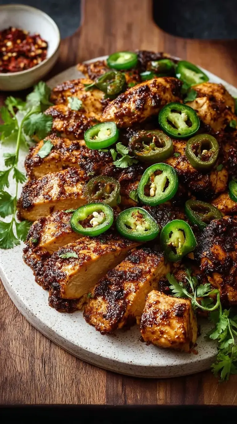 Golden seared chicken cubes with sliced green jalapenos in a skillet with lime juice.
