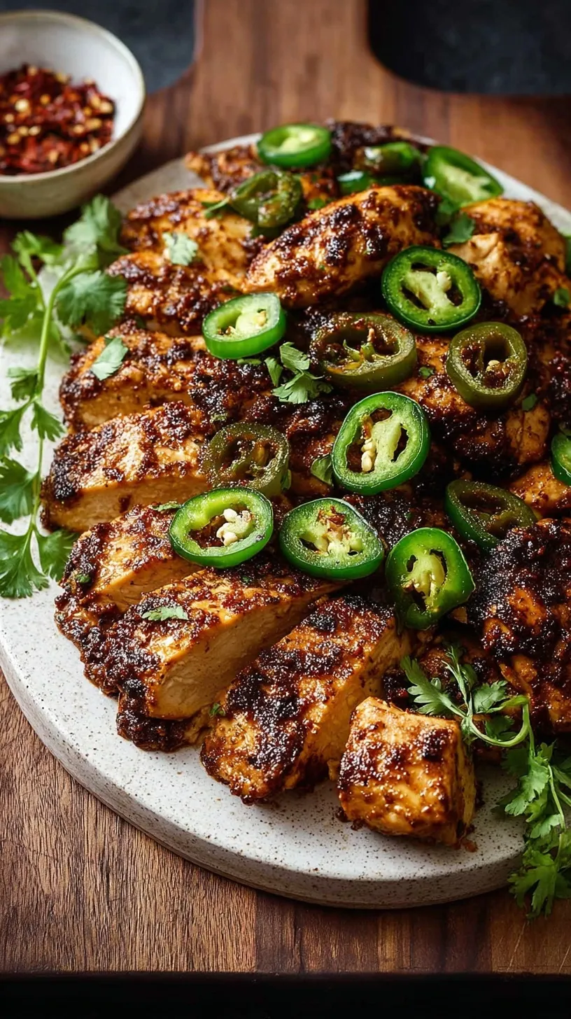 Golden seared chicken cubes with sliced green jalapenos in a skillet with lime juice.