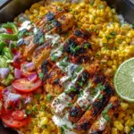 A colorful Street Corn Chicken Rice Bowl with charred corn, grilled chicken, and cotija cheese.
