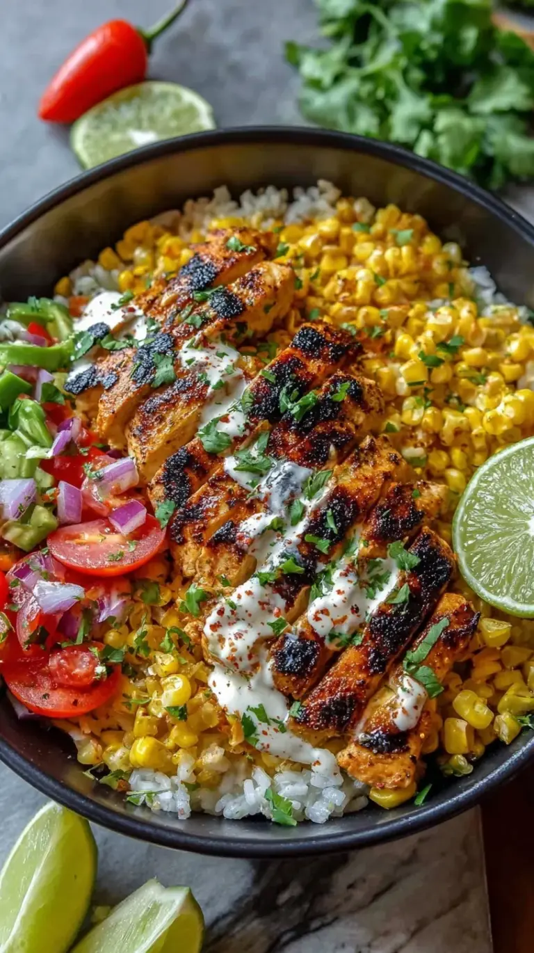 A colorful Street Corn Chicken Rice Bowl with charred corn, grilled chicken, and cotija cheese.