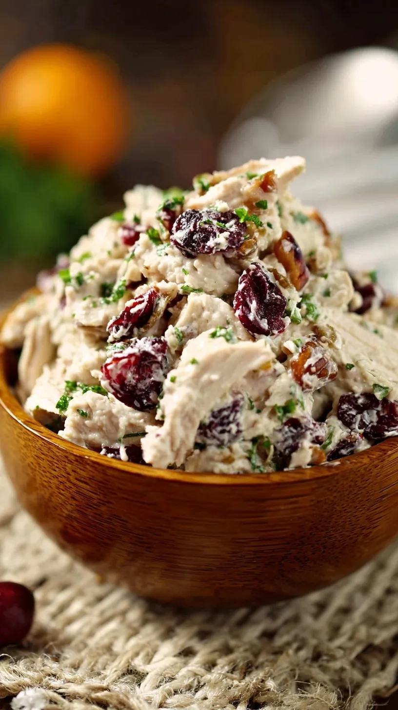 Creamy keto cranberry chicken salad with pecans and celery in a white bowl