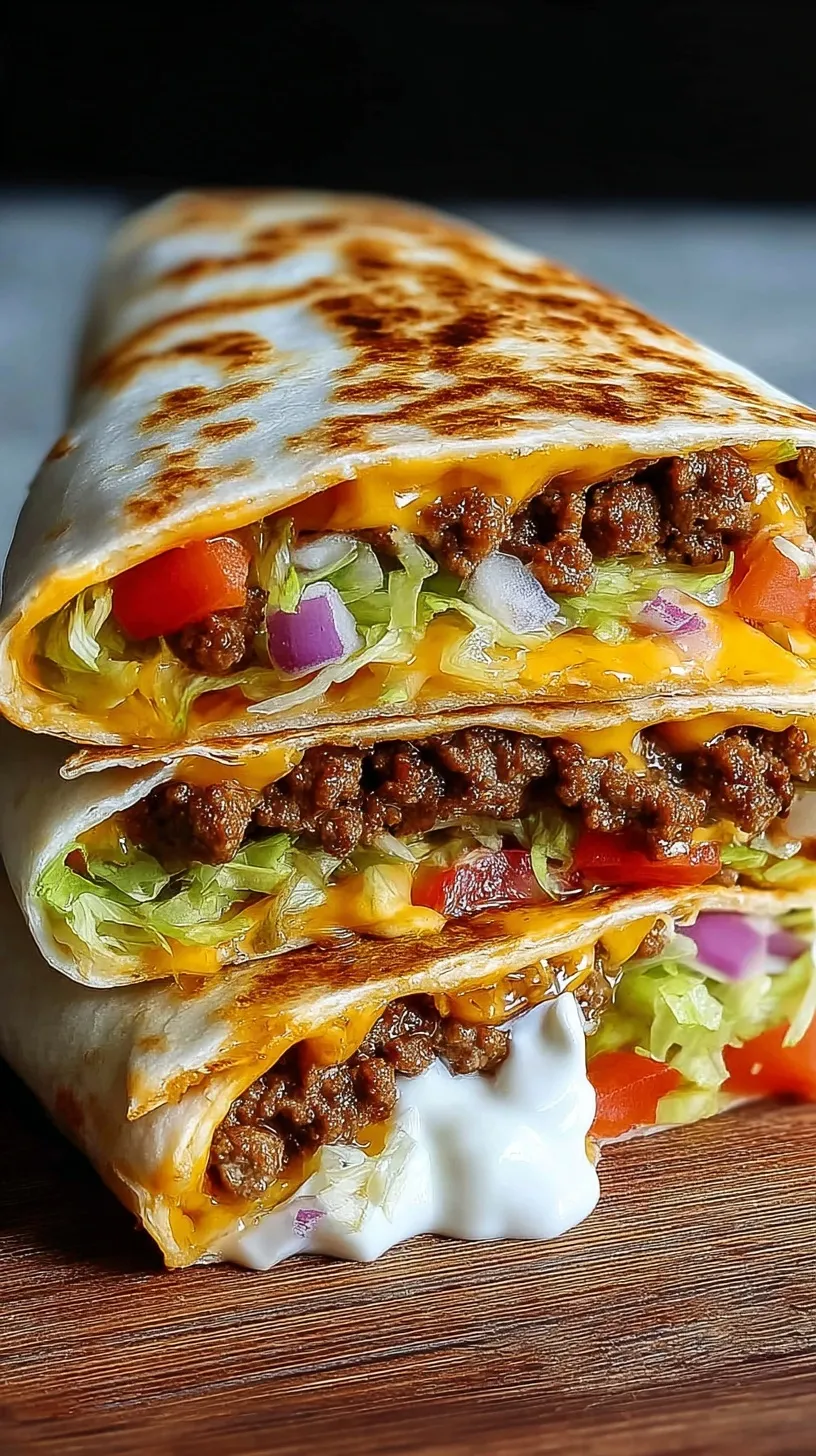 A golden brown toasted keto crunchwrap cut in half showing layers of beef, cheese, and fresh lettuce.