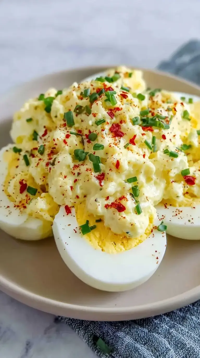 A bowl of creamy keto deviled egg salad garnished with fresh chives and smoked paprika.
